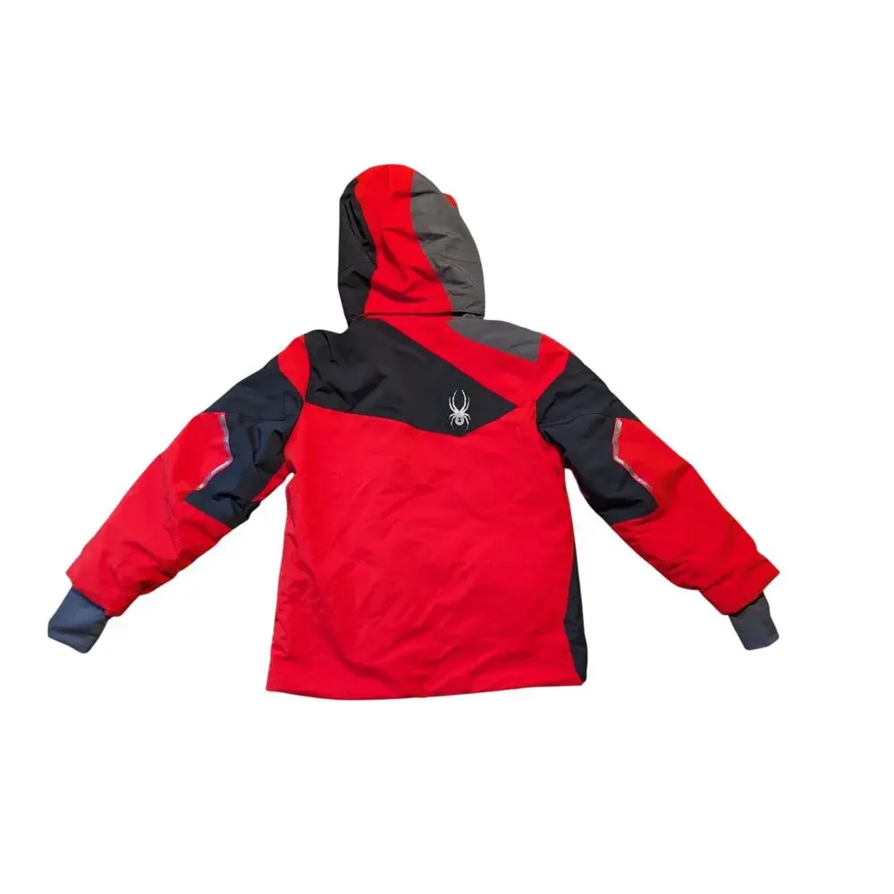 Spyder Boys Red Grey Hooded Ski Jacket Coat Winter Warm Size Kids 10
